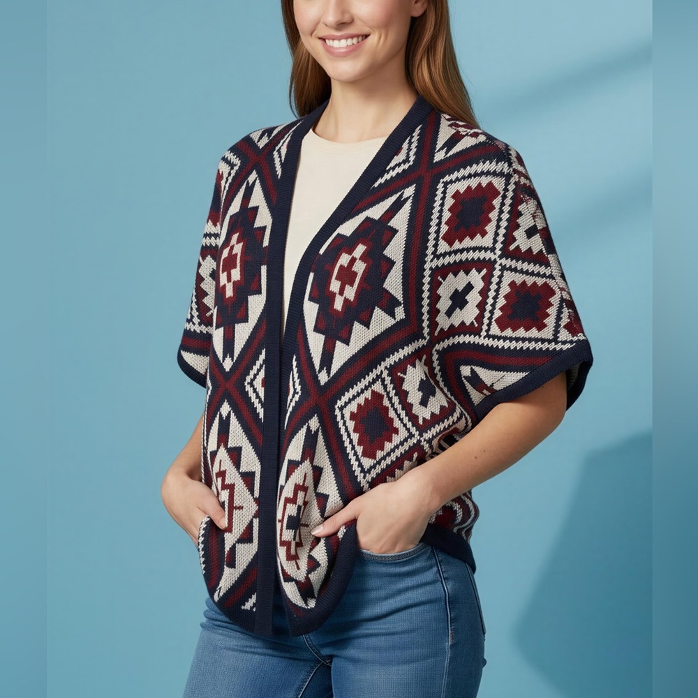 Natural Reflections Southwestern Open Front Sweater Short Sleeves Poncho S-M